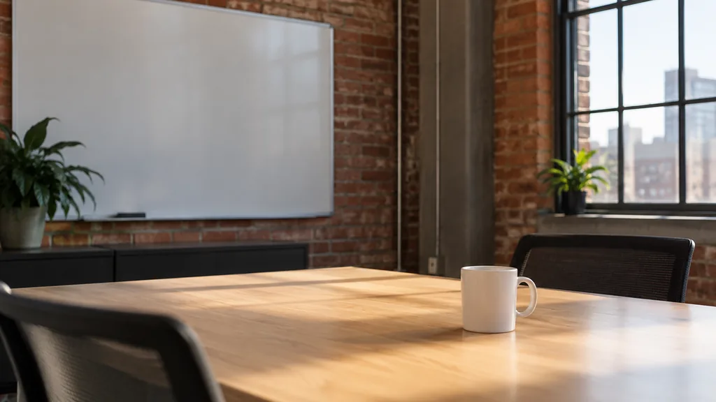 An empty workspace on a Philadelphia brick-walled office table of maple with an empty whiteboard and a plain mug in warm side light