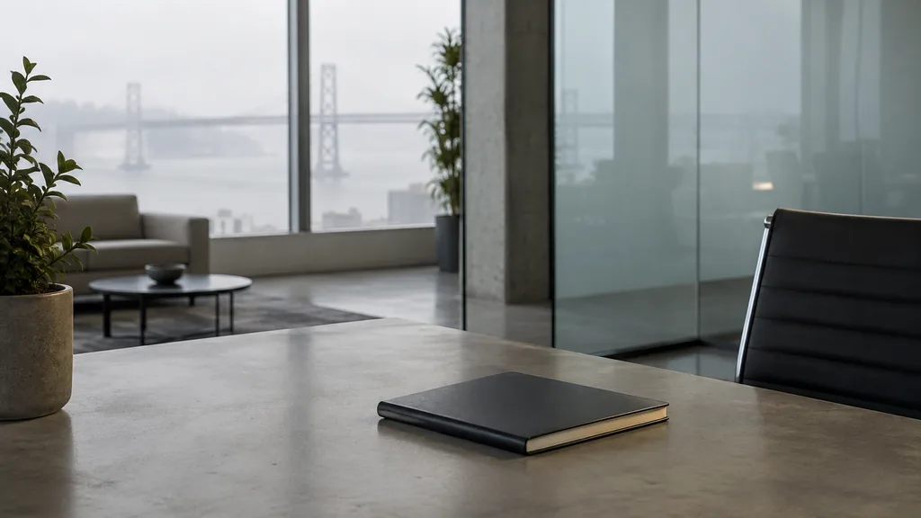 An empty workspace on a San Francisco office table of concrete with a blank glass wall and one plain notebook in soft foggy light