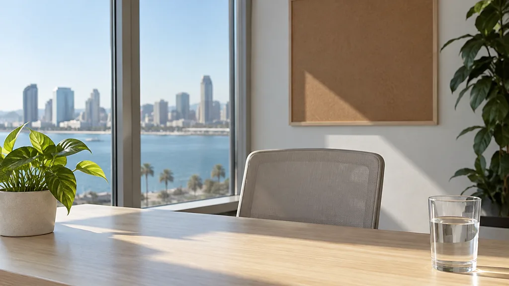 An empty workspace on a San Diego office table of light ash with an empty pinboard and a plain water glass in bright coastal light