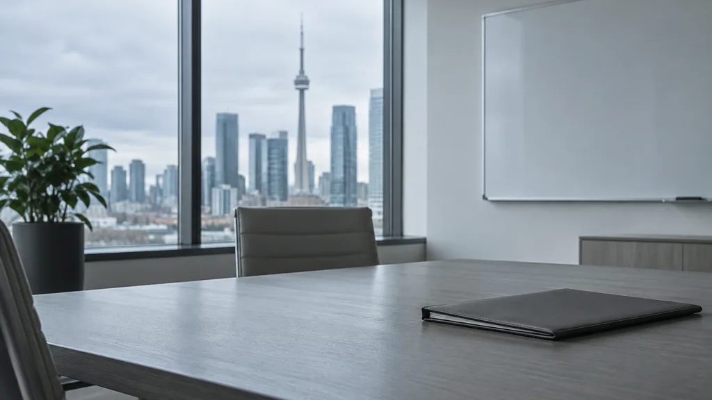 An empty workspace on a Toronto office table of grey oak with a blank whiteboard and one closed folder in cool overcast light