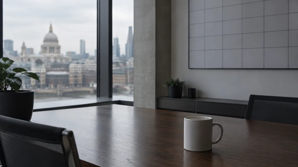 An empty workspace on a London office table of dark walnut with an empty planning wall and a plain mug in muted grey window light