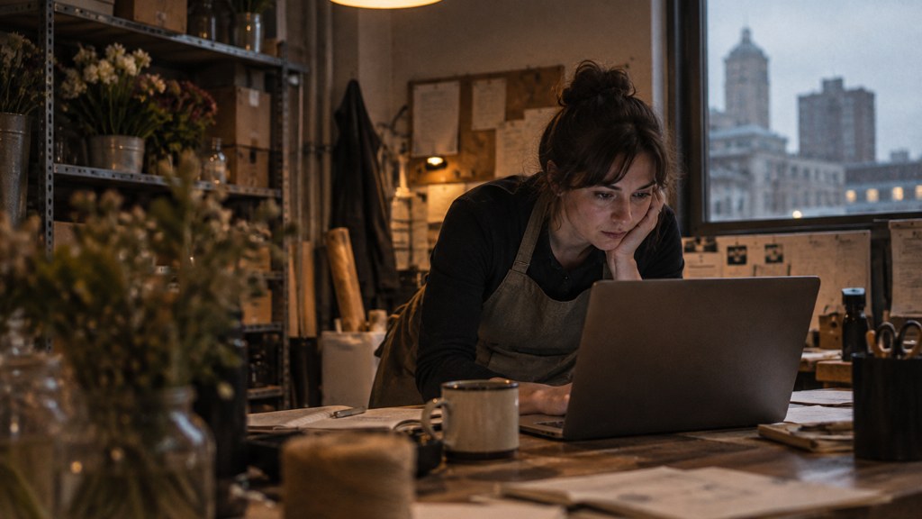 A small-business owner in an apron leaning over a laptop on a cluttered back-office desk late in the day, photographed in Rochester