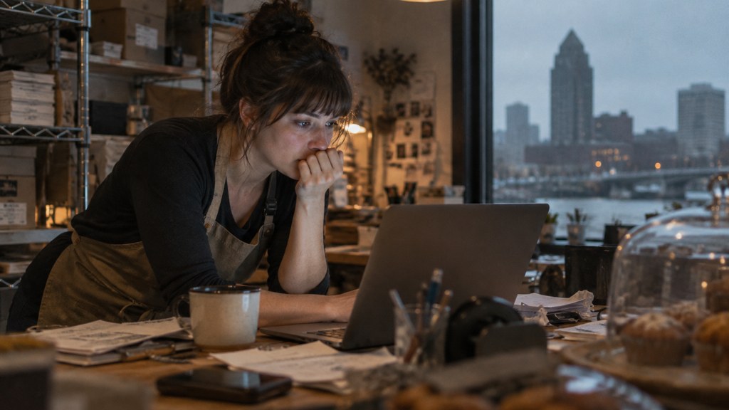 A small-business owner in an apron leaning over a laptop on a cluttered back-office desk late in the day, photographed in Rochester