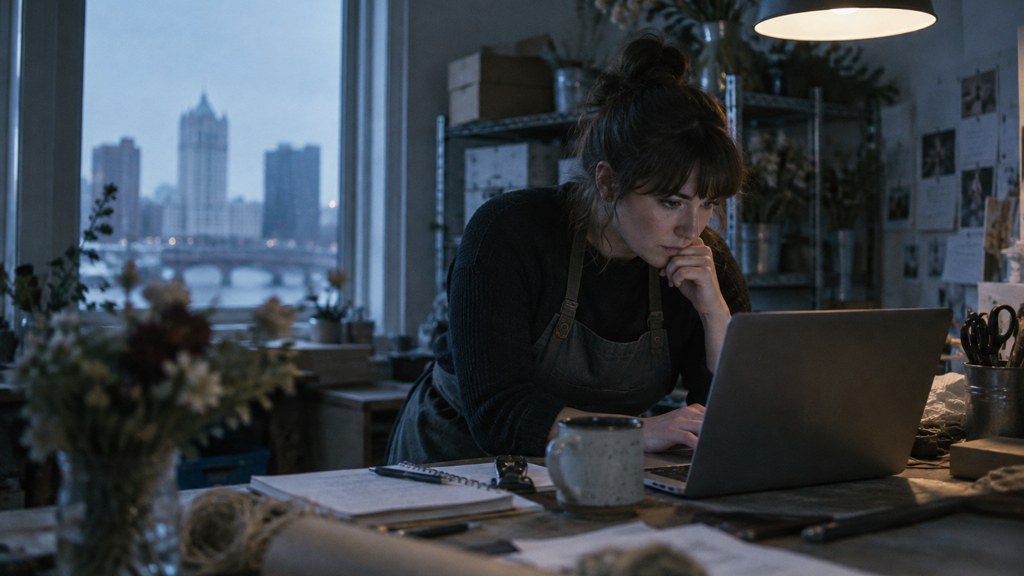 A small-business owner in an apron leaning over a laptop on a cluttered back-office desk late in the day, photographed in Rochester