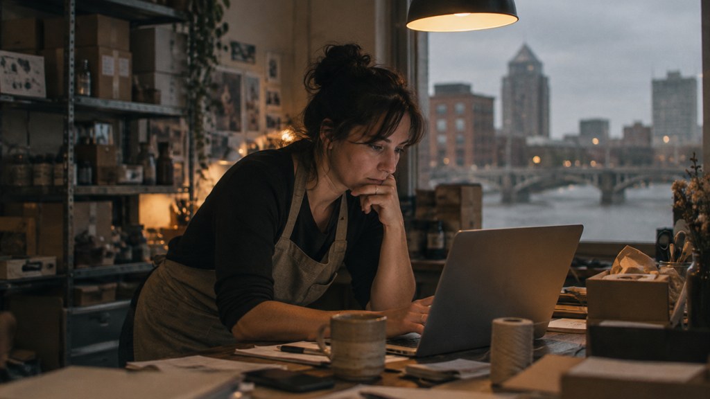 A small-business owner in an apron leaning over a laptop on a cluttered back-office desk late in the day, photographed in Rochester