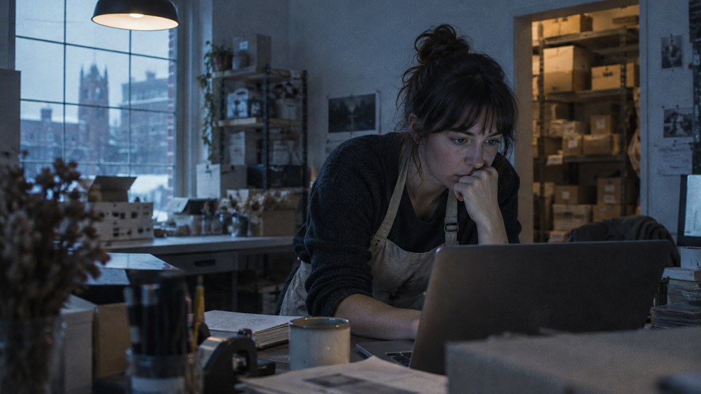 A small-business owner in an apron leaning over a laptop on a cluttered back-office desk late in the day, photographed in Rochester