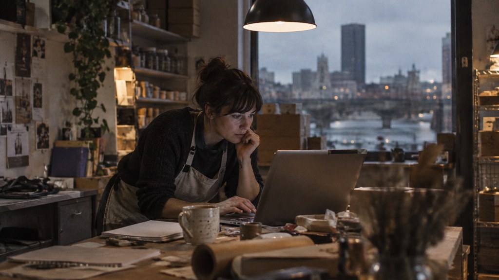 A small-business owner in an apron leaning over a laptop on a cluttered back-office desk late in the day, photographed in Rochester