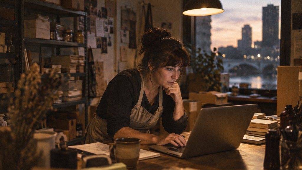 A small-business owner in an apron leaning over a laptop on a cluttered back-office desk late in the day, photographed in Rochester