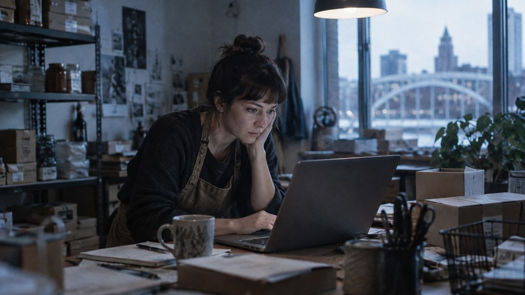 A small-business owner in an apron leaning over a laptop on a cluttered back-office desk late in the day, photographed in Rochester