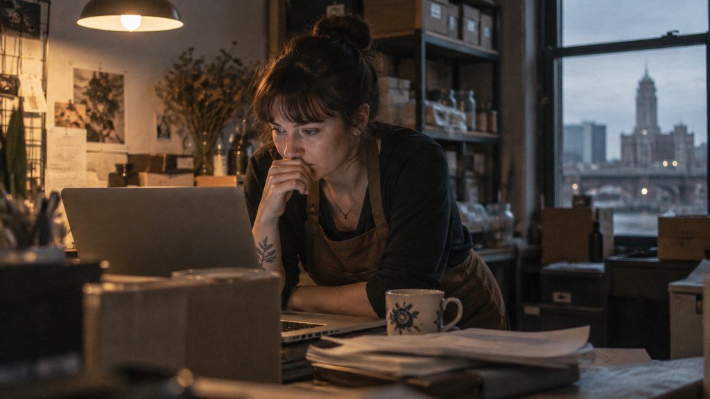 A small-business owner in an apron leaning over a laptop on a cluttered back-office desk late in the day, photographed in Rochester