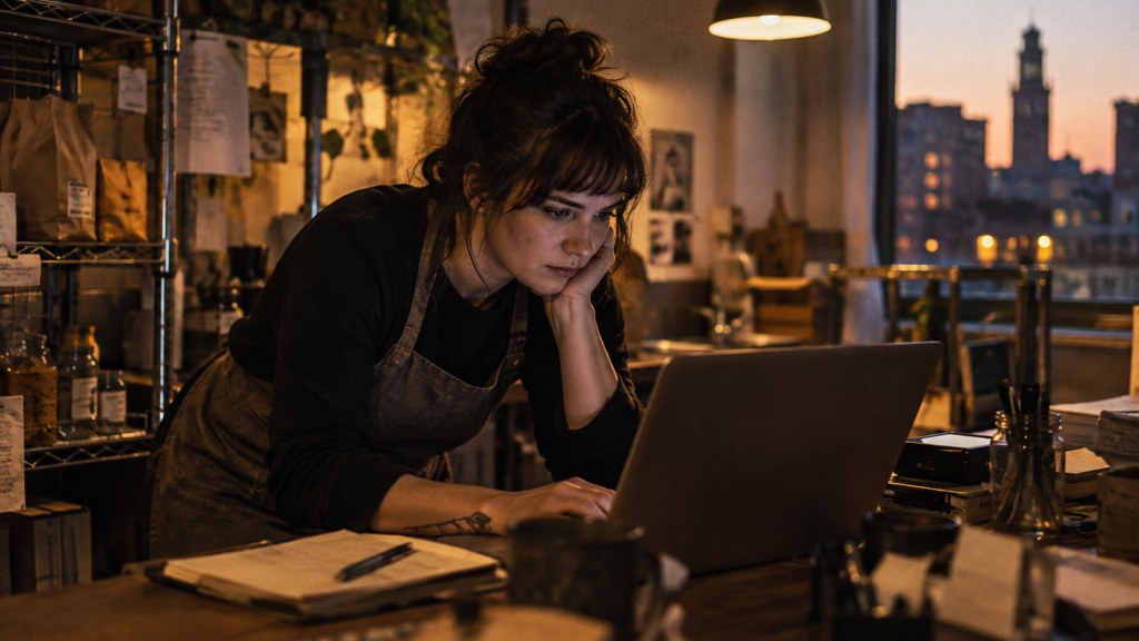A small-business owner in an apron leaning over a laptop on a cluttered back-office desk late in the day, photographed in Rochester