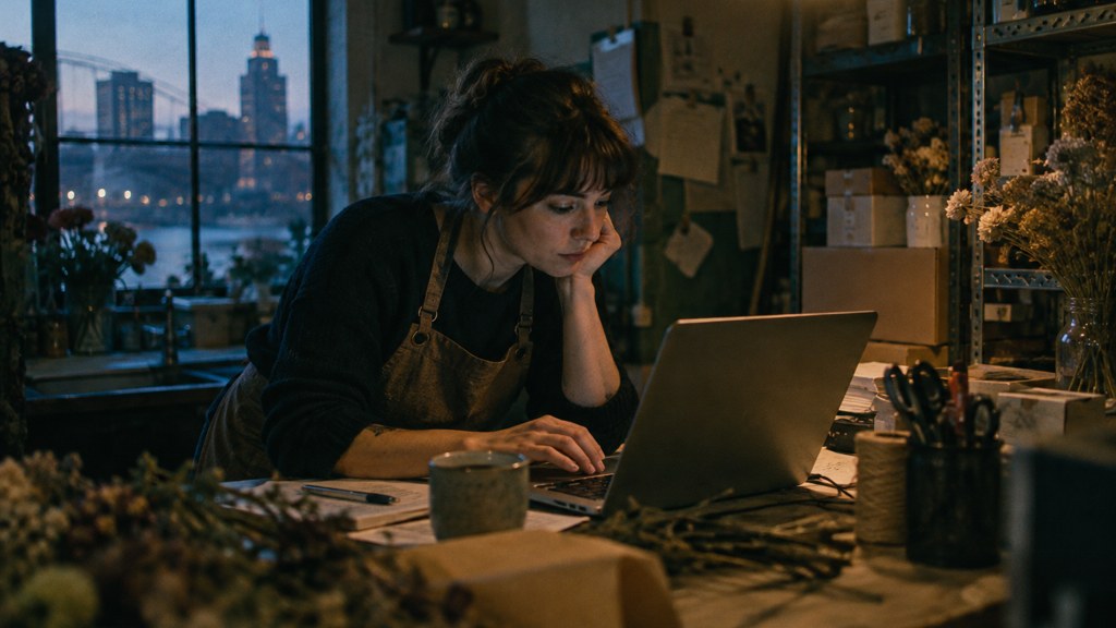A small-business owner in an apron leaning over a laptop on a cluttered back-office desk late in the day, photographed in Rochester