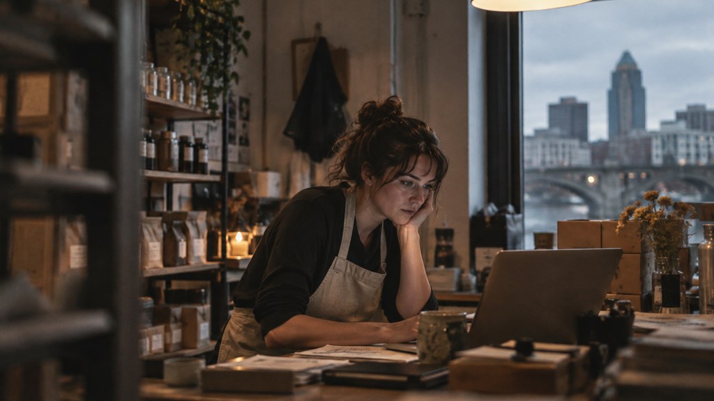 A small-business owner in an apron leaning over a laptop on a cluttered back-office desk late in the day, photographed in Rochester
