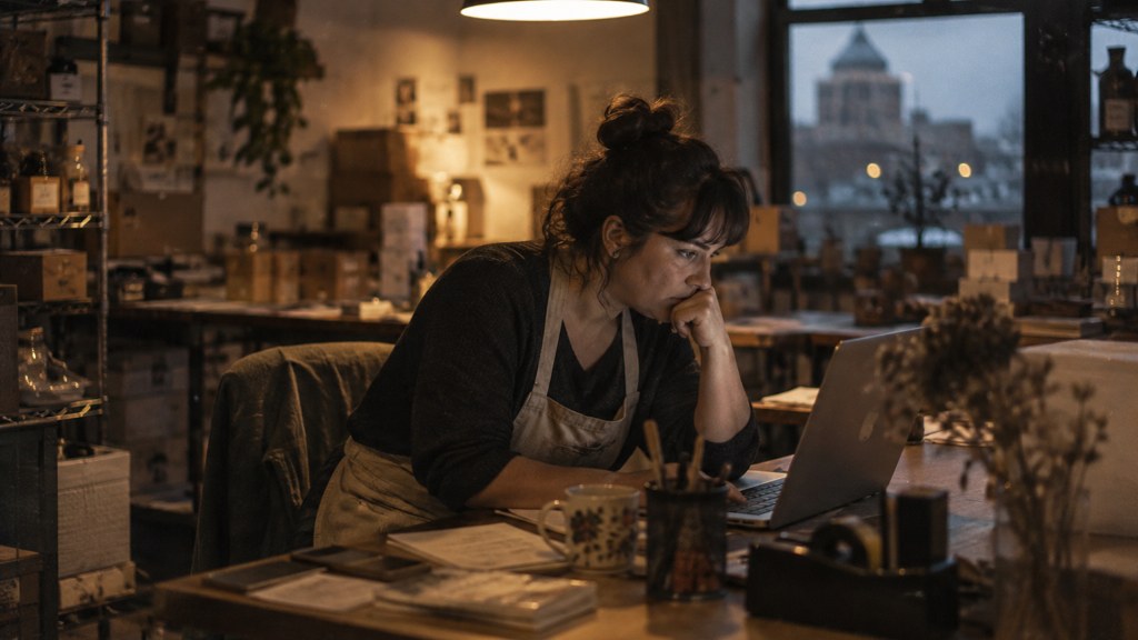 A small-business owner in an apron leaning over a laptop on a cluttered back-office desk late in the day, photographed in Rochester