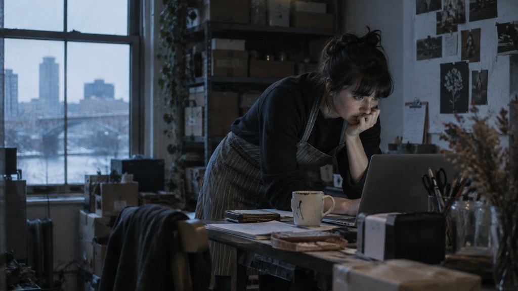 A small-business owner in an apron leaning over a laptop on a cluttered back-office desk late in the day, photographed in Rochester