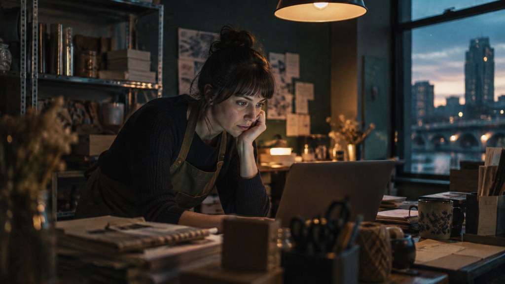 A small-business owner in an apron leaning over a laptop on a cluttered back-office desk late in the day, photographed in Rochester