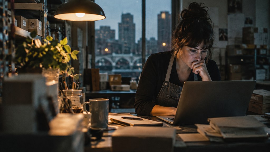 A small-business owner in an apron leaning over a laptop on a cluttered back-office desk late in the day, photographed in Rochester
