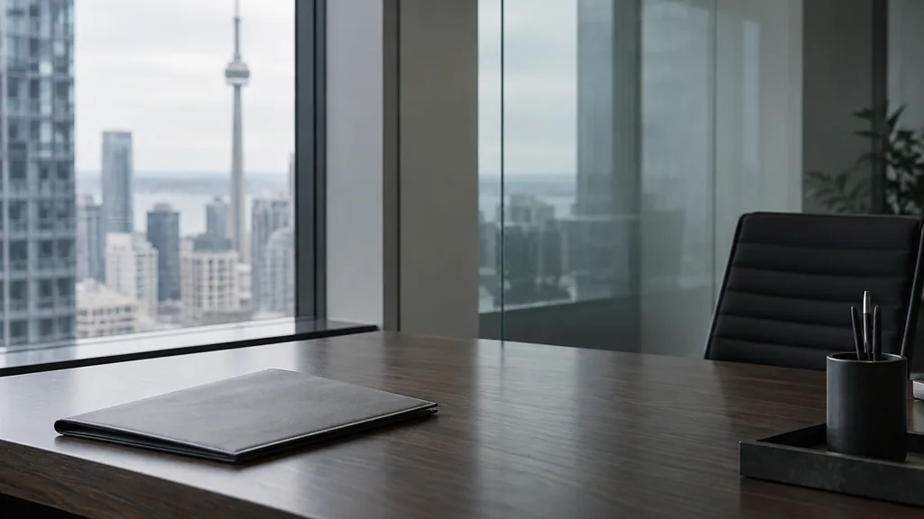 An empty workspace on a Toronto office table of dark oak with a blank glass wall and one closed folder in cool grey window light