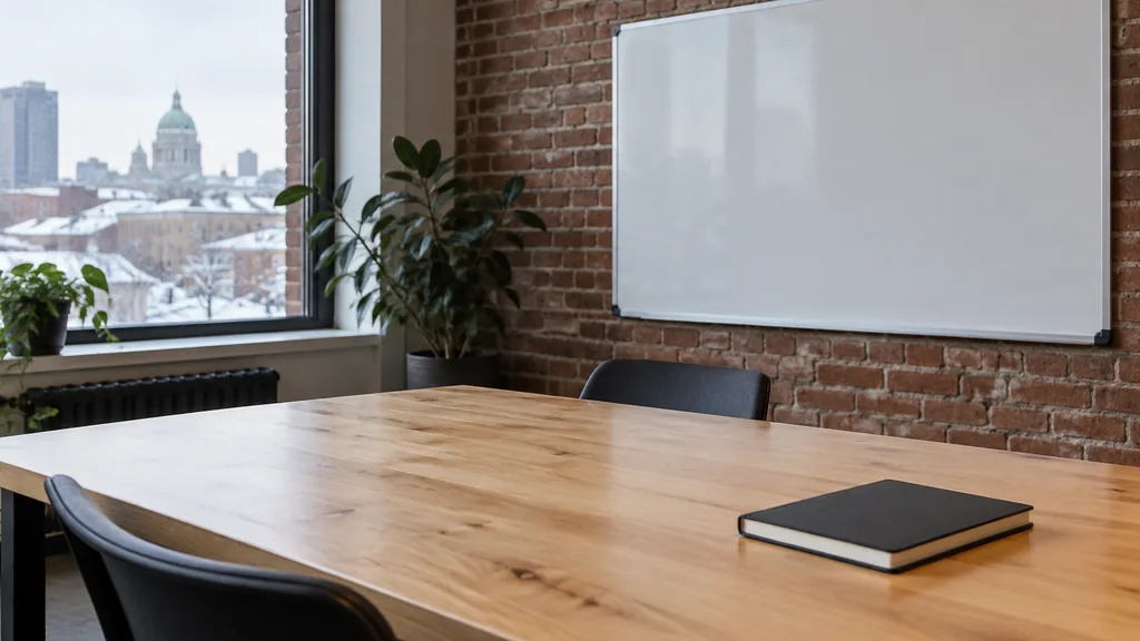 An empty workspace on a Montréal brick-walled office table of maple with a blank whiteboard and one closed notebook in cool winter light