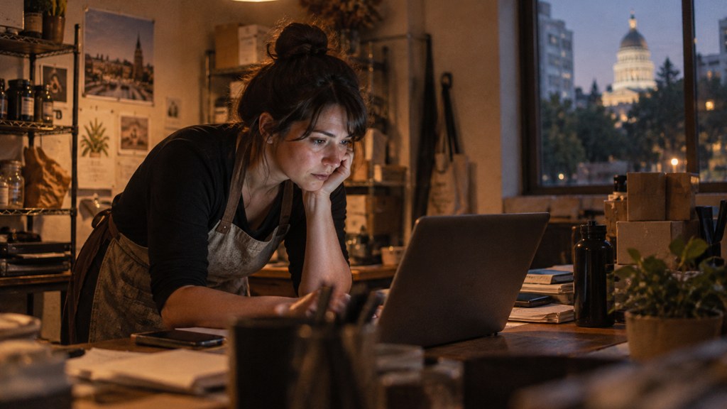 A small-business owner in an apron leaning over a laptop on a cluttered back-office desk late in the day, photographed in Sacramento