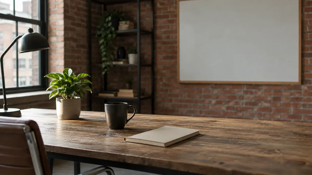 An empty workspace on a Boston brick-walled office table of worn oak with an empty planning wall and a plain notebook in soft morning light