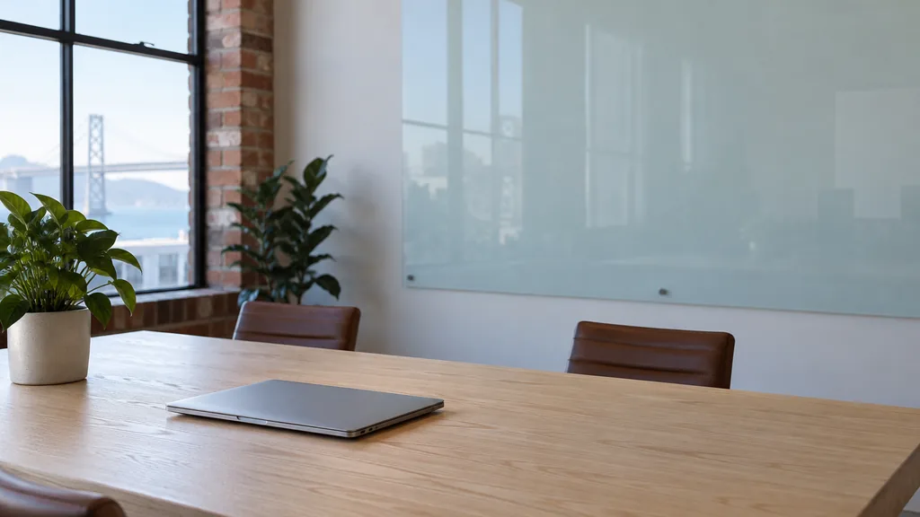 An empty workspace on a San Francisco loft table of pale ash with a blank glass strategy wall and one closed laptop in cool bay light