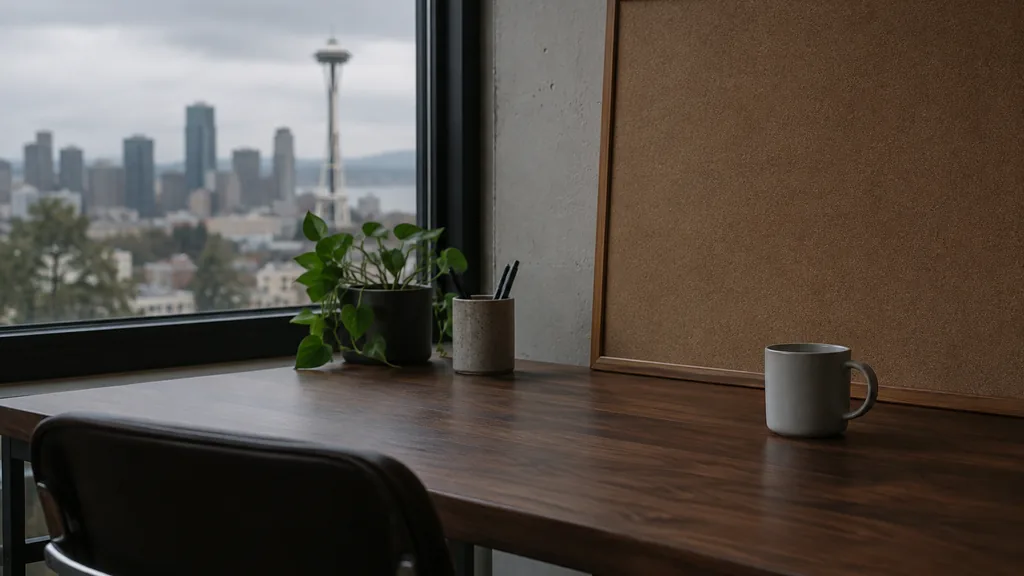 An empty workspace on a Seattle studio table of dark walnut with an empty pinboard and a plain ceramic mug in grey overcast light