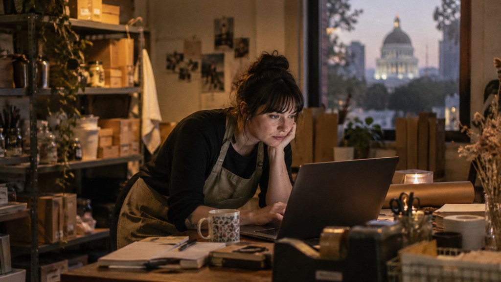 A small-business owner in an apron leaning over a laptop on a cluttered back-office desk late in the day, photographed in Sacramento