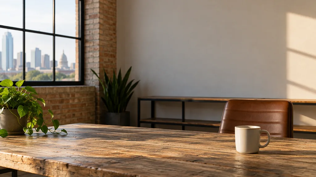 An empty workspace on an Austin warehouse office table of reclaimed wood with a bare planning wall and one plain mug in warm late light