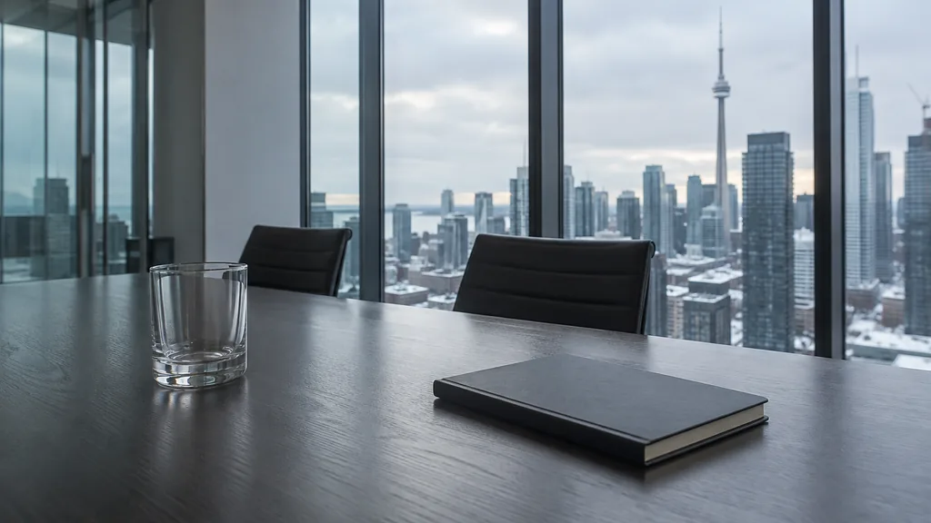 An empty workspace on a Toronto tower meeting table of dark oak with an empty glass wall and a plain notebook in cool winter light