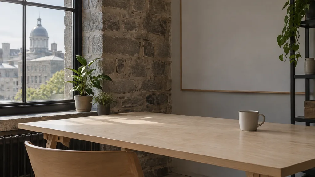 An empty workspace on a Montréal stone-walled studio table of pale birch with an empty planning wall and a plain mug in soft northern light