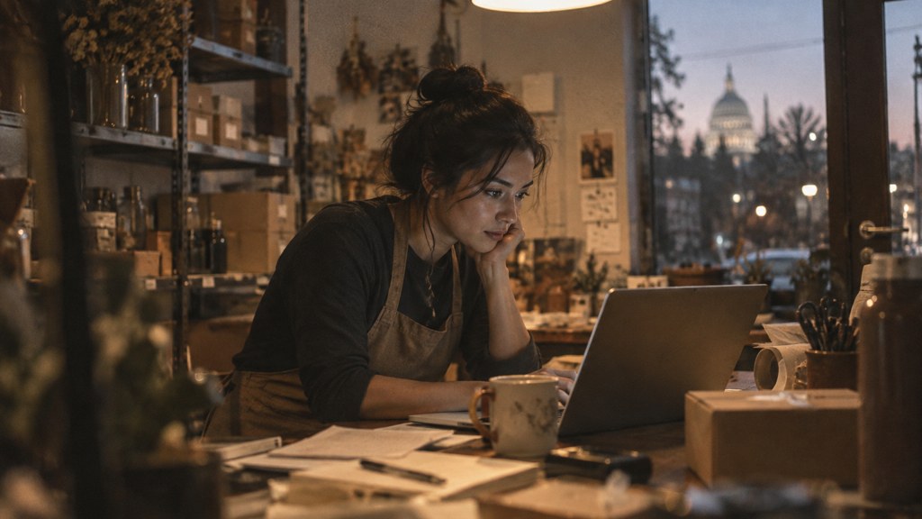 A small-business owner in an apron leaning over a laptop on a cluttered back-office desk late in the day, photographed in Sacramento