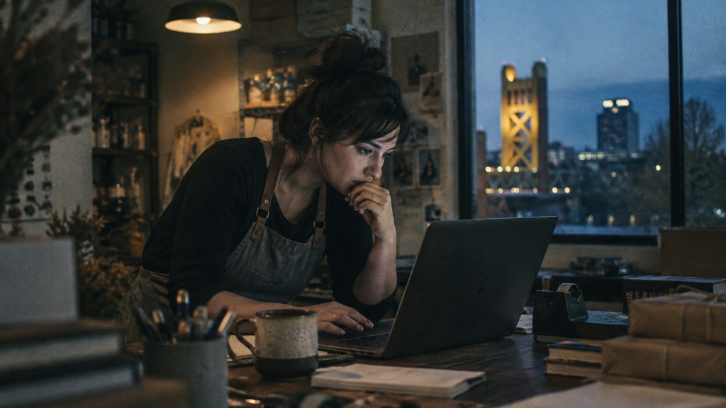 A small-business owner in an apron leaning over a laptop on a cluttered back-office desk late in the day, photographed in Sacramento