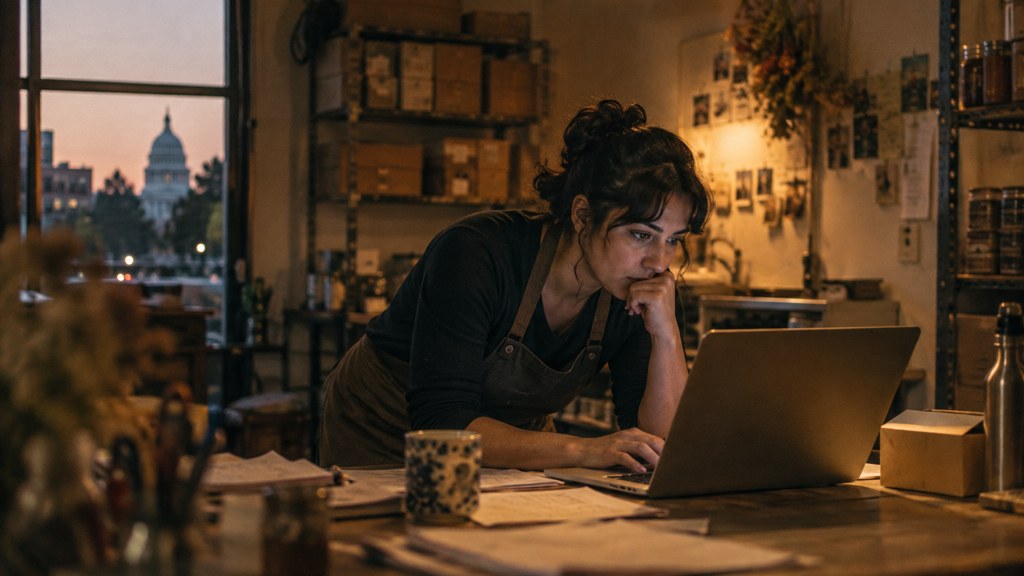 A small-business owner in an apron leaning over a laptop on a cluttered back-office desk late in the day, photographed in Sacramento