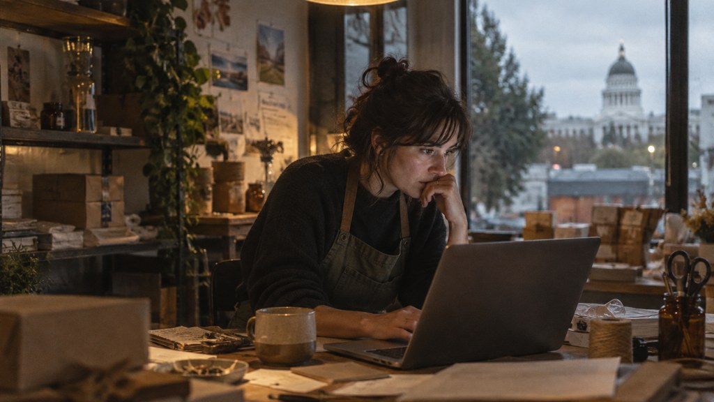 A small-business owner in an apron leaning over a laptop on a cluttered back-office desk late in the day, photographed in Sacramento