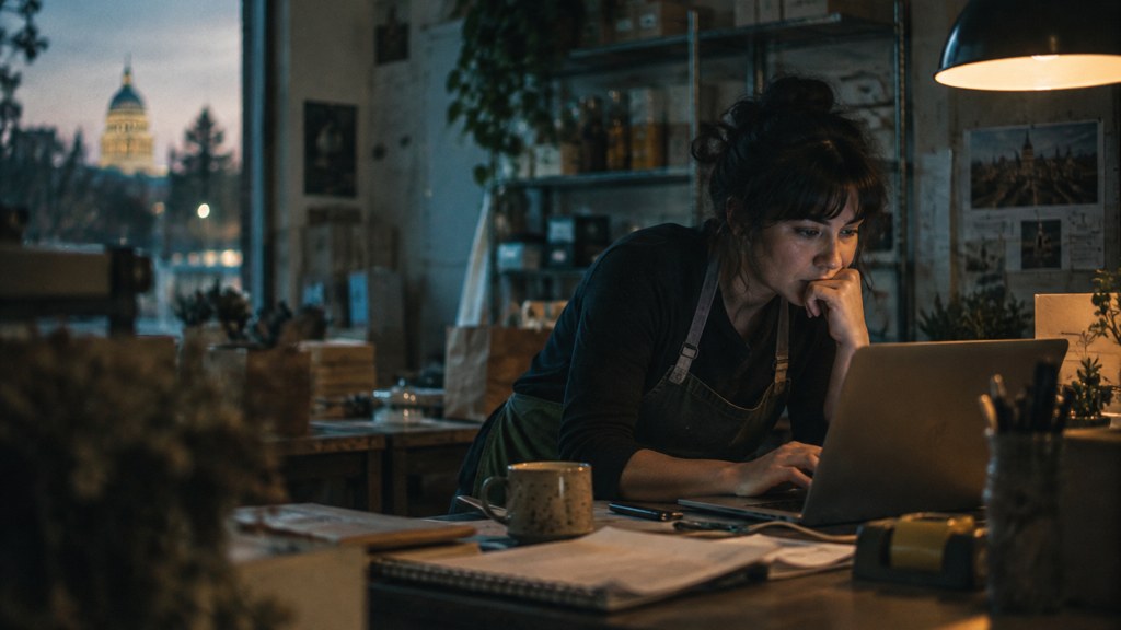 A small-business owner in an apron leaning over a laptop on a cluttered back-office desk late in the day, photographed in Sacramento