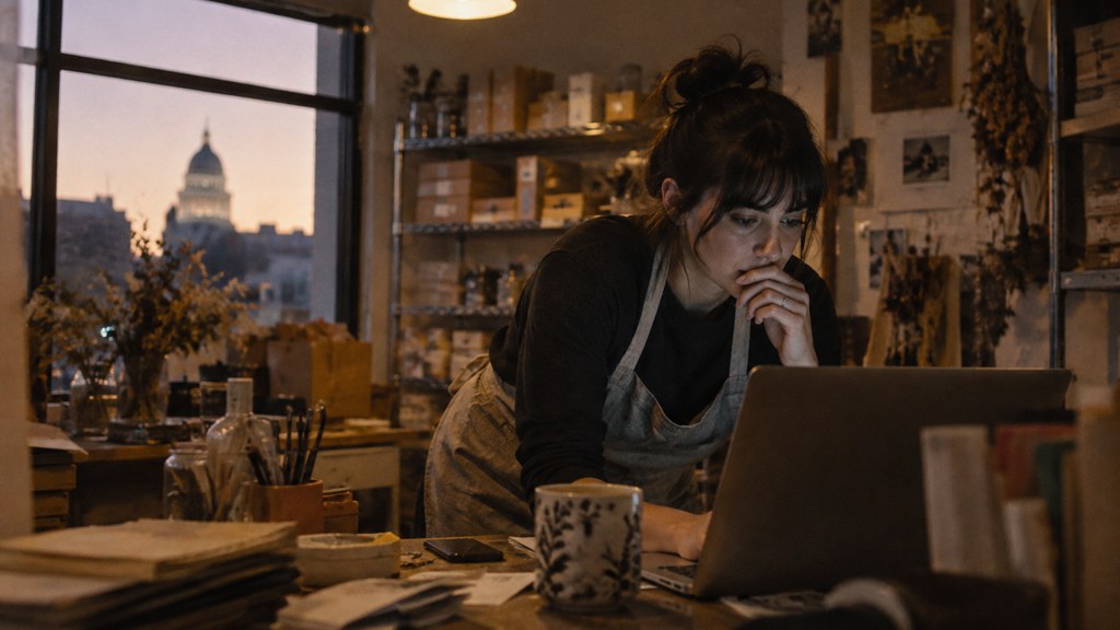 A small-business owner in an apron leaning over a laptop on a cluttered back-office desk late in the day, photographed in Sacramento