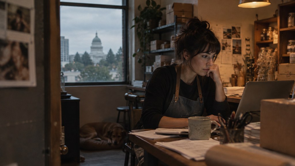 A small-business owner in an apron leaning over a laptop on a cluttered back-office desk late in the day, photographed in Sacramento