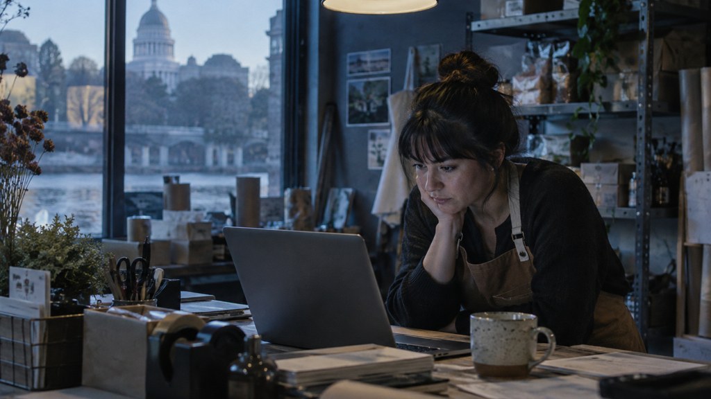 A small-business owner in an apron leaning over a laptop on a cluttered back-office desk late in the day, photographed in Sacramento