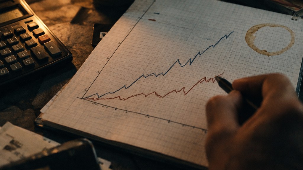 Hand-drawn comparison of service revenue against new construction revenue on graph paper beside a calculator