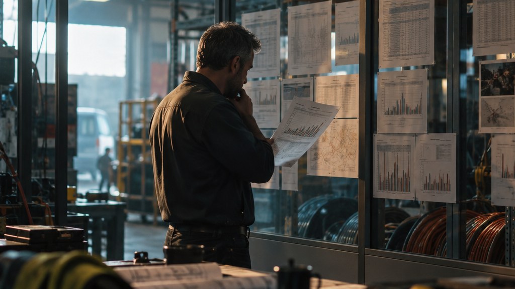 Electrical contracting operations director comparing printed branch performance sheets pinned across a glass partition wall
