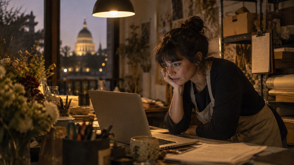 A small-business owner in an apron leaning over a laptop on a cluttered back-office desk late in the day, photographed in Sacramento