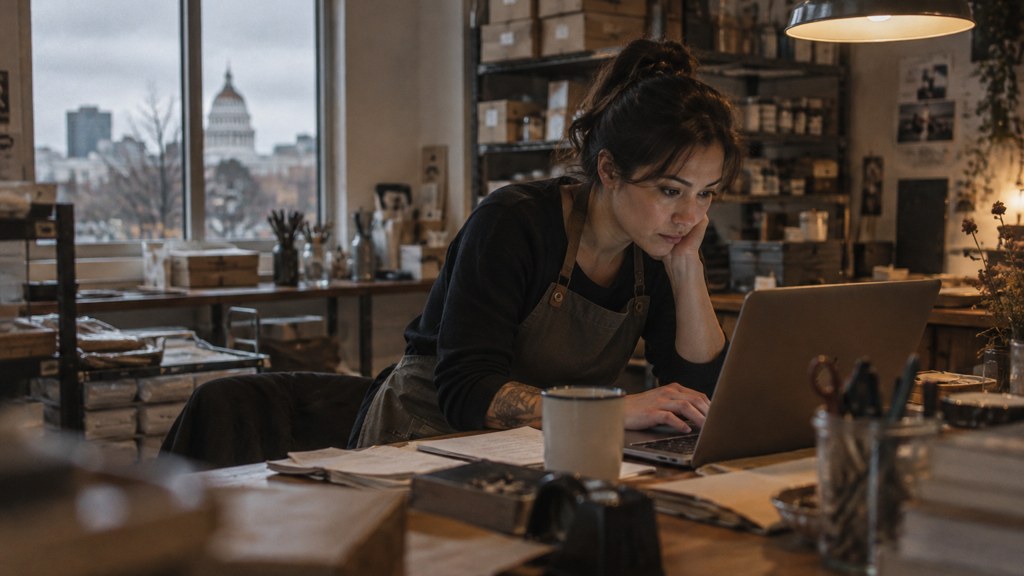 A small-business owner in an apron leaning over a laptop on a cluttered back-office desk late in the day, photographed in Sacramento