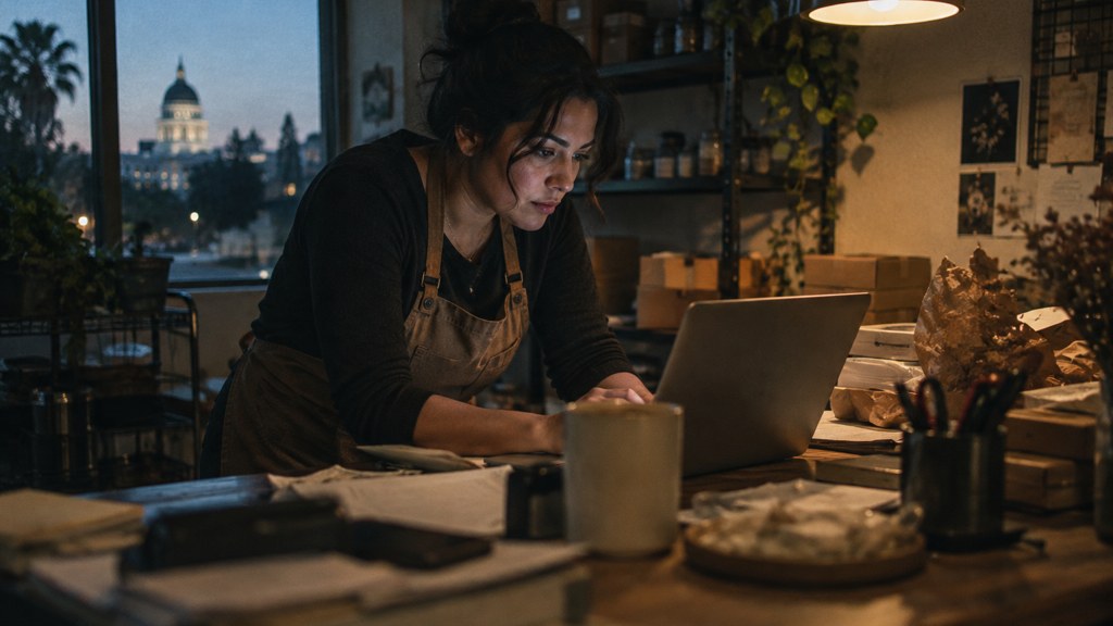 A small-business owner in an apron leaning over a laptop on a cluttered back-office desk late in the day, photographed in Sacramento