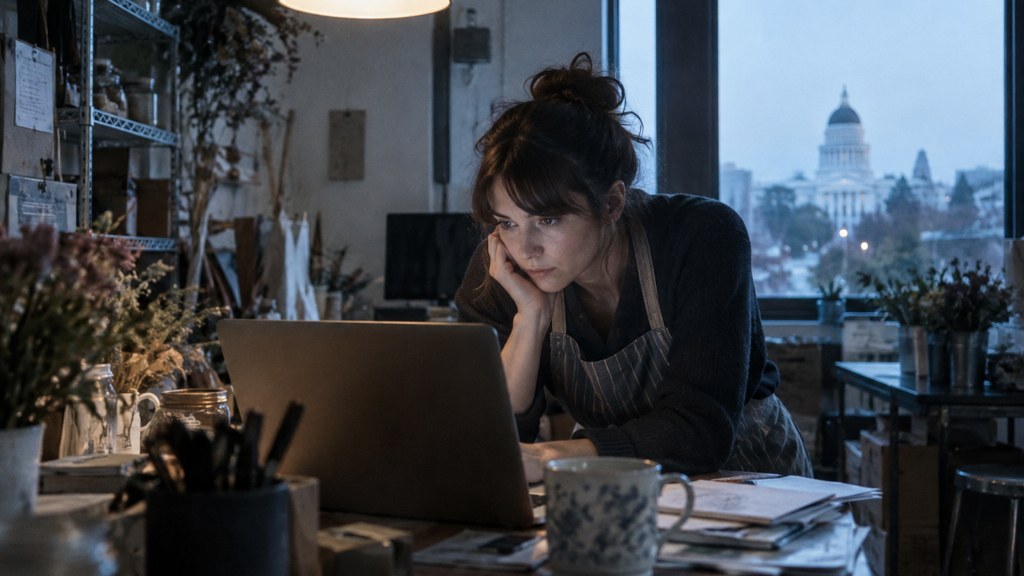 A small-business owner in an apron leaning over a laptop on a cluttered back-office desk late in the day, photographed in Sacramento