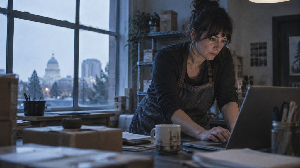 A small-business owner in an apron leaning over a laptop on a cluttered back-office desk late in the day, photographed in Sacramento