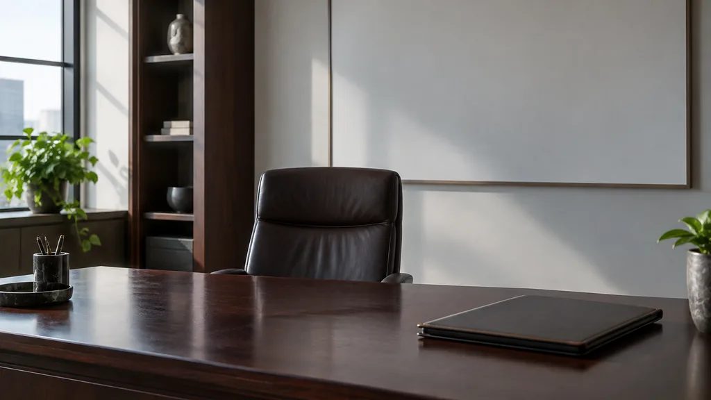 An empty workspace on a Washington office table of dark cherry with a blank planning wall and one closed folder in cool morning light
