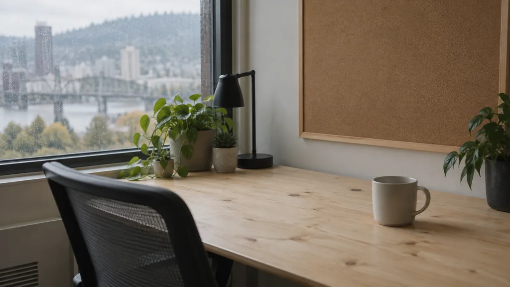 An empty workspace on a Portland office table of pale fir with a blank pinboard and one plain mug in soft rainy-day light