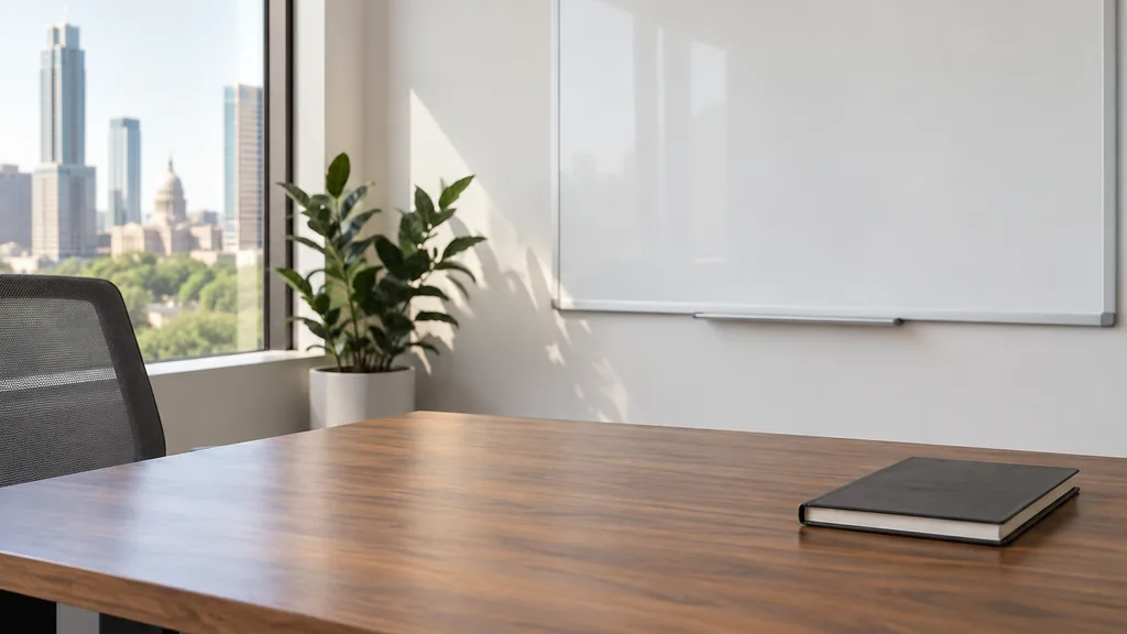 An empty workspace on an Austin office table of warm pecan with an empty whiteboard and one closed notebook in bright dry light