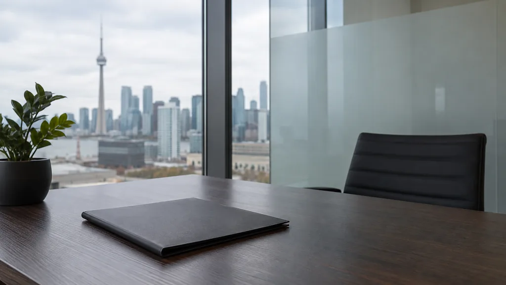 An empty workspace on a Toronto office table of dark oak with a blank glass wall and one closed folder in cool grey window light